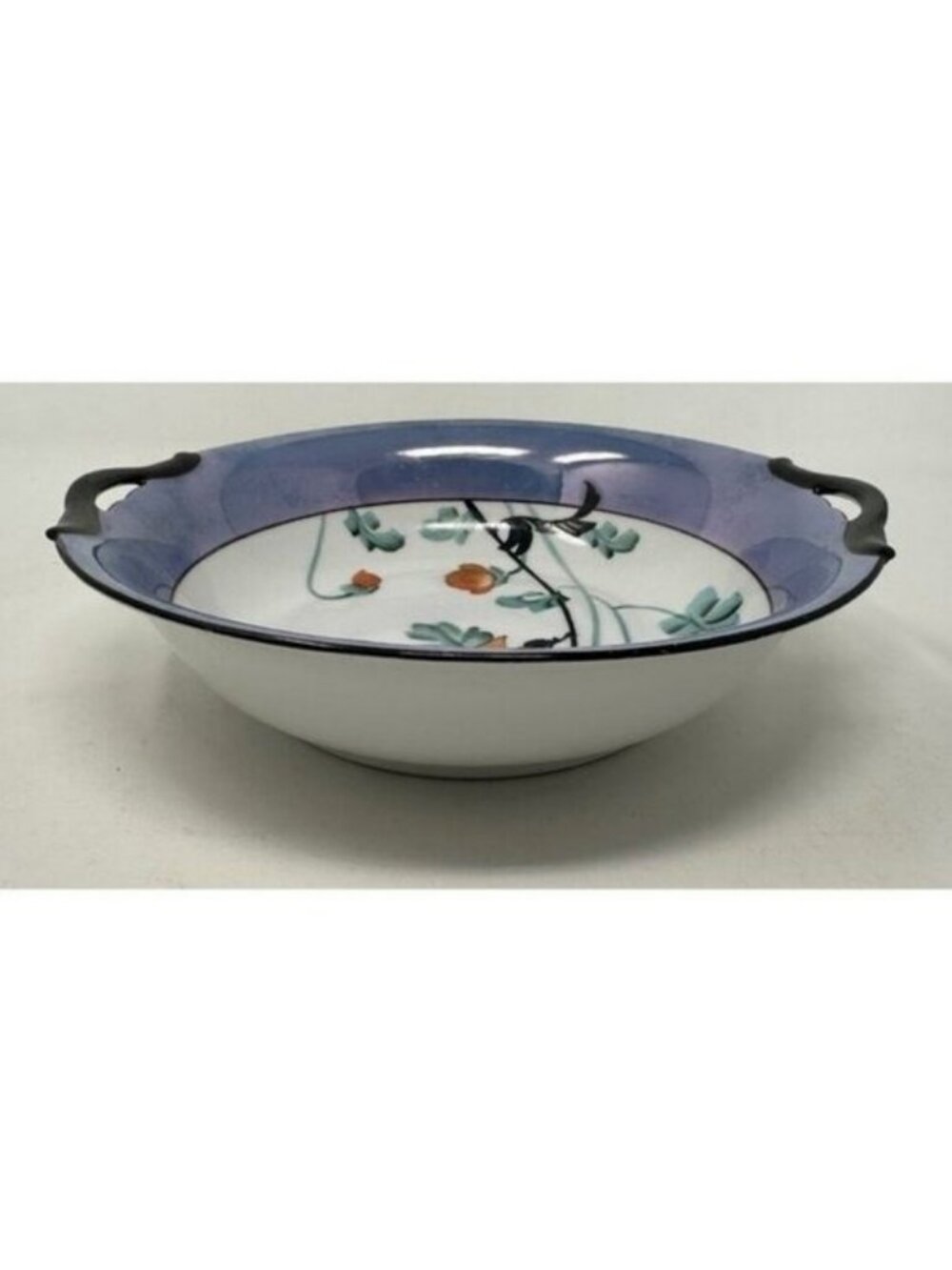 NORITAKE MORIMURA TWO HANDLED SERVING BOWL Floral Art Deco Blue Luster Ware - Picture 7 of 15